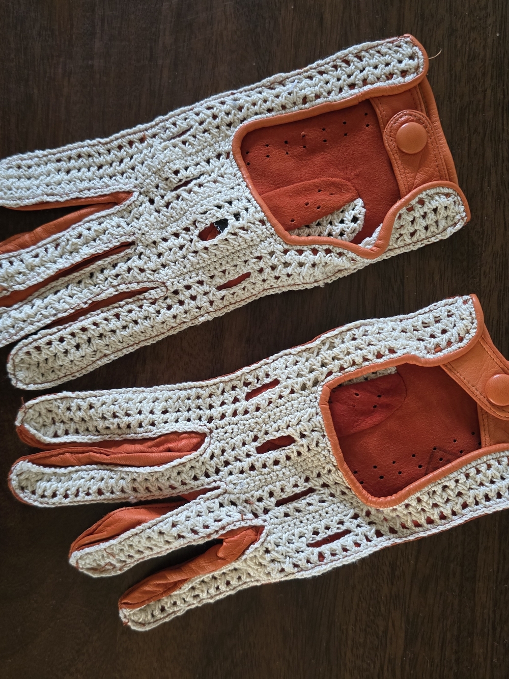Vintage Italian Women’s Driving Gloves - Orange Leather And Cream Crochet